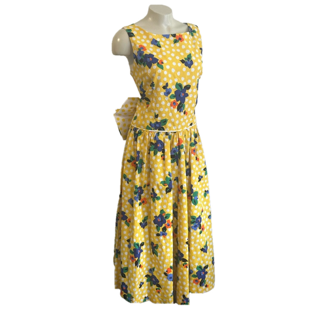 VTG D. ACRES Floral Yellow Polka Dot woman’s cotton Dress Sz 10 made in USA